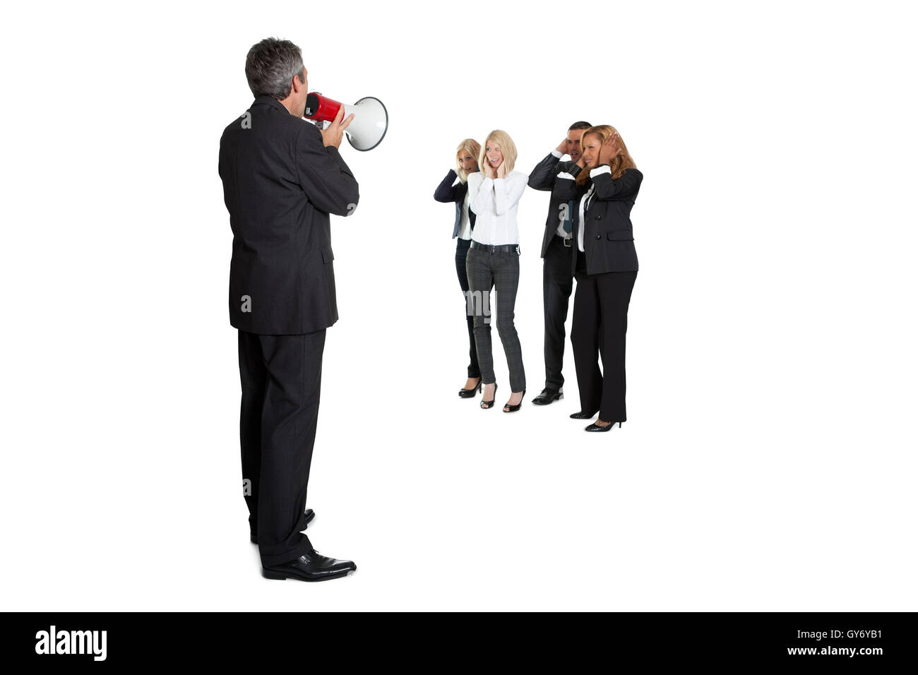 Unternehmer, die durch ein Megaphon schreien Stockfoto