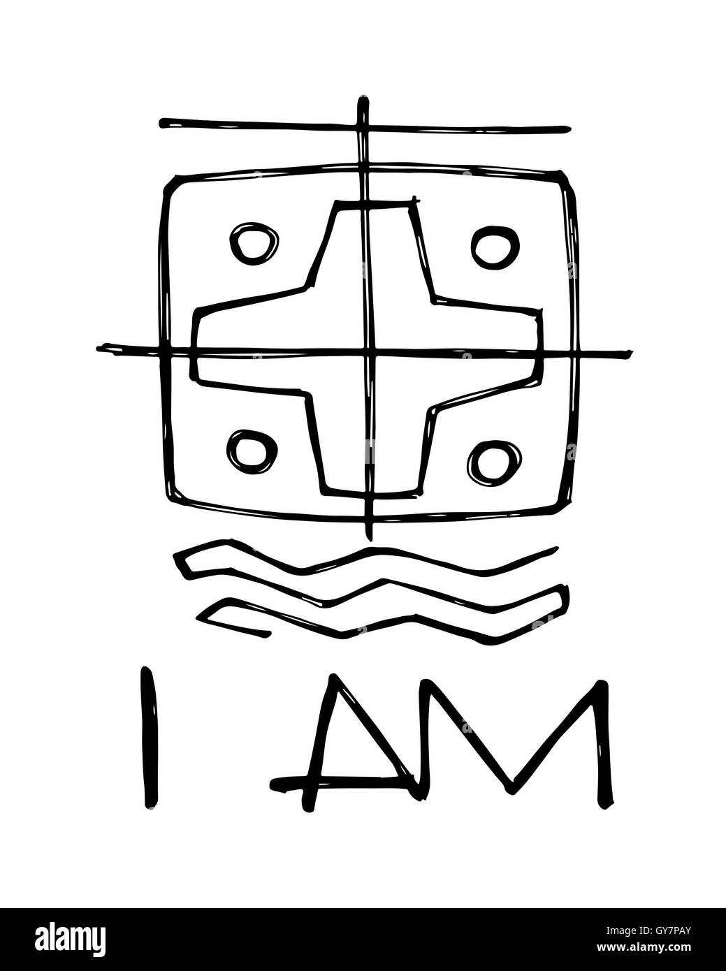Vektor-Illustration von Hand gezeichnet oder eine Zeichnung ein religiöses Symbol und die Phrase: Ich bin Stockfoto