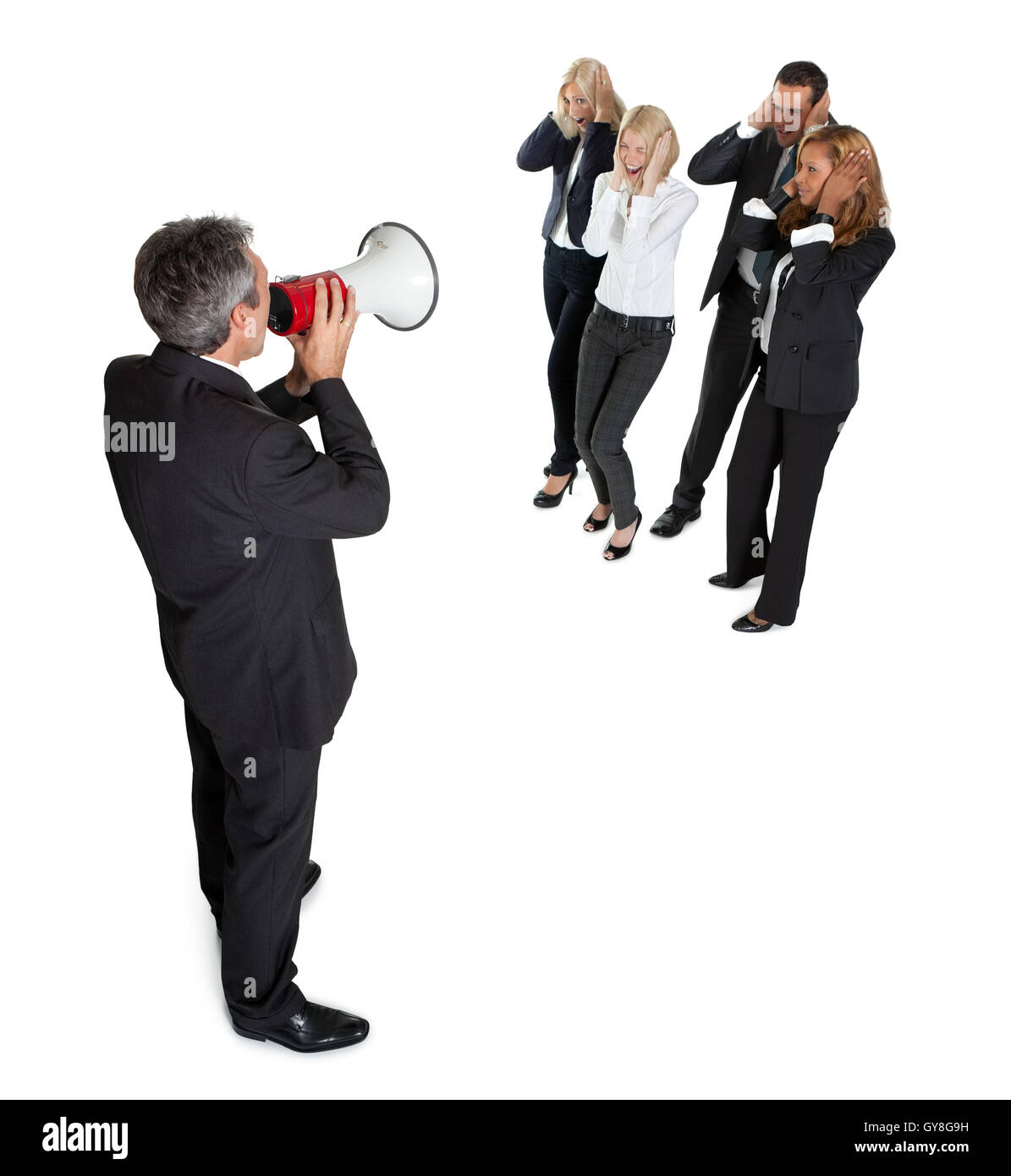 Business-Ankündigung über Lautsprecher auf weiß Stockfoto