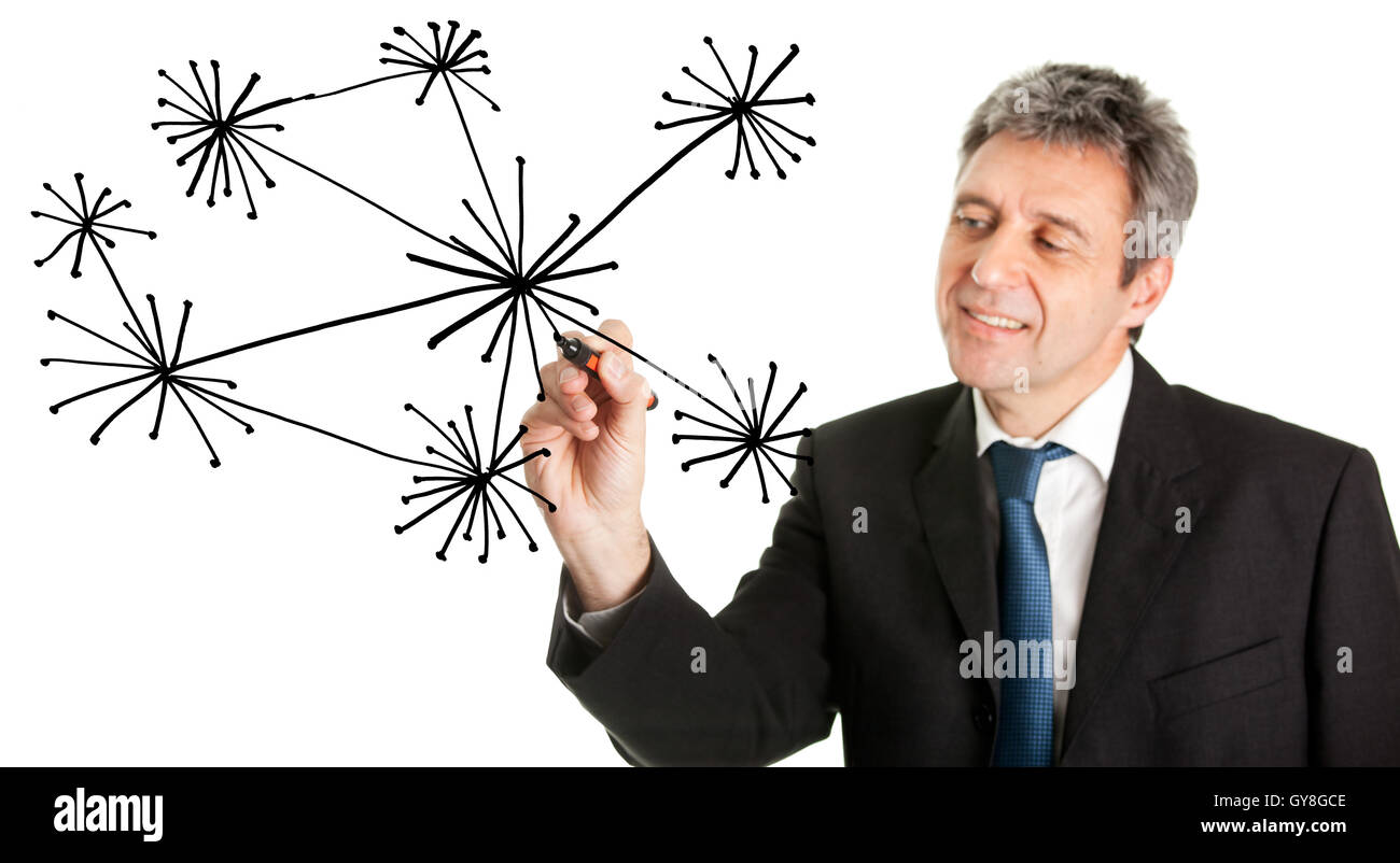 Geschäftsmann, ein soziales Netzwerk-Diagramm zeichnen Stockfoto