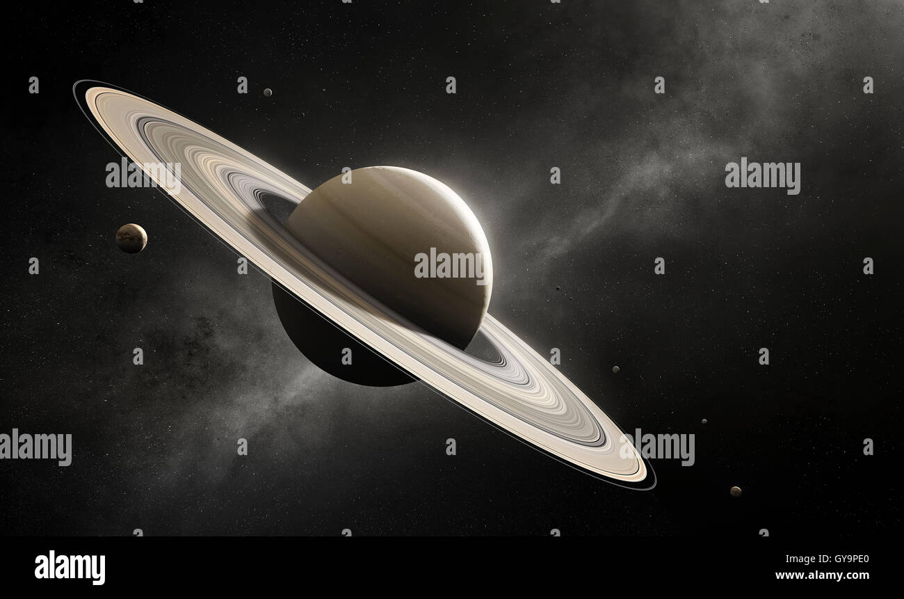 Planet Saturn im Deep Space mit großen Monden nach Skala (Elemente des Planeten Textur für 3d Render eingerichtet von der NASA) Stockfoto