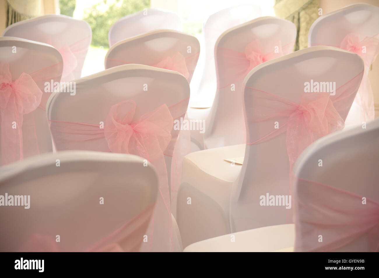 Hochzeit-Stühle mit rosa Schleifen Stockfoto