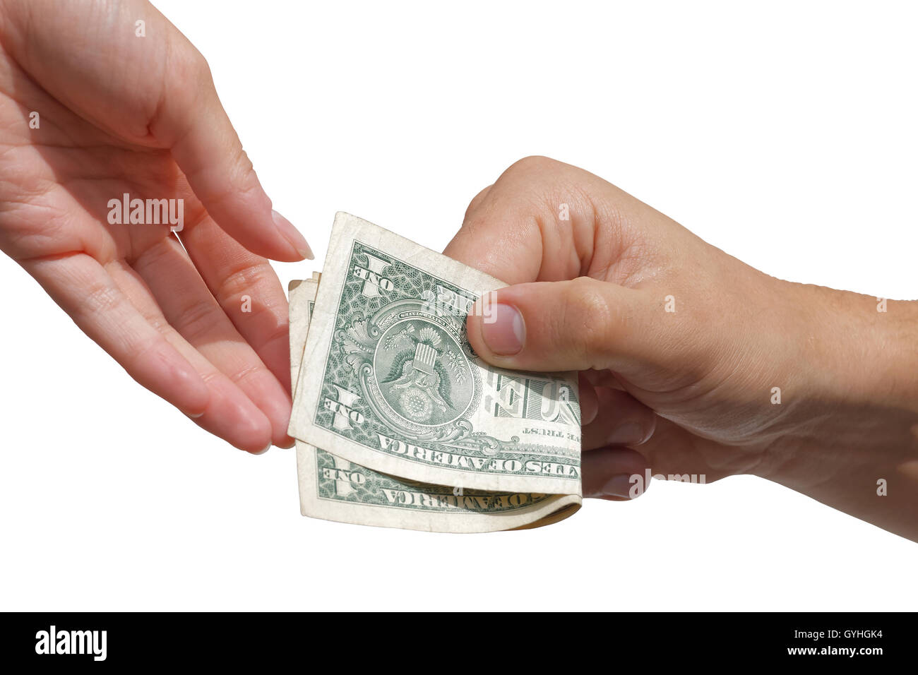 Zahlen - Hand eine andere Hand US-Dollar-Banknoten verleihen Stockfoto