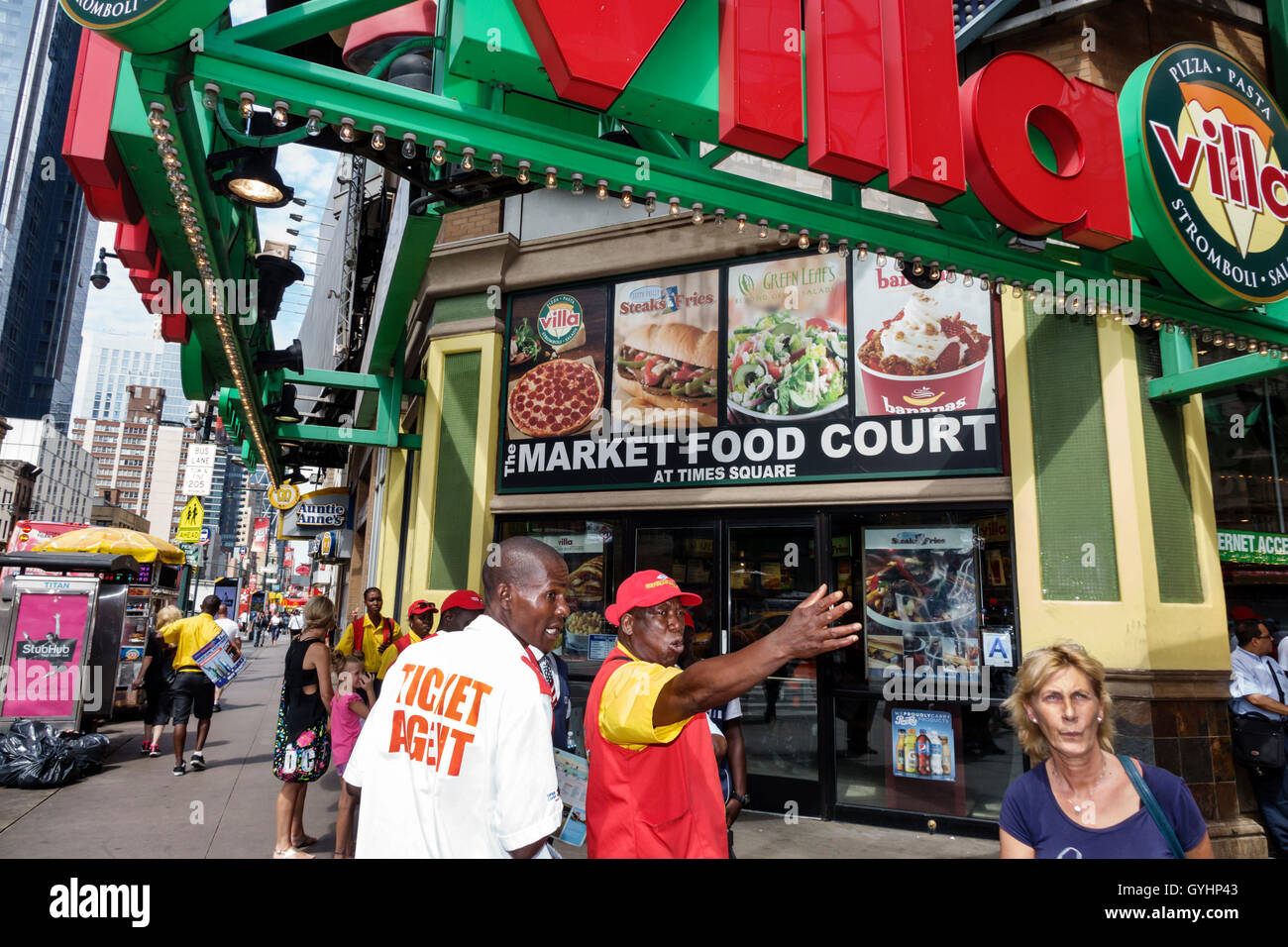 New York City, NY NYC, Manhattan, Times Square, Market Food Court plaza Tische zwangloses Essen, Villa Fresh Ital Kitchen, Restaurant Restaurants Essen Stockfoto