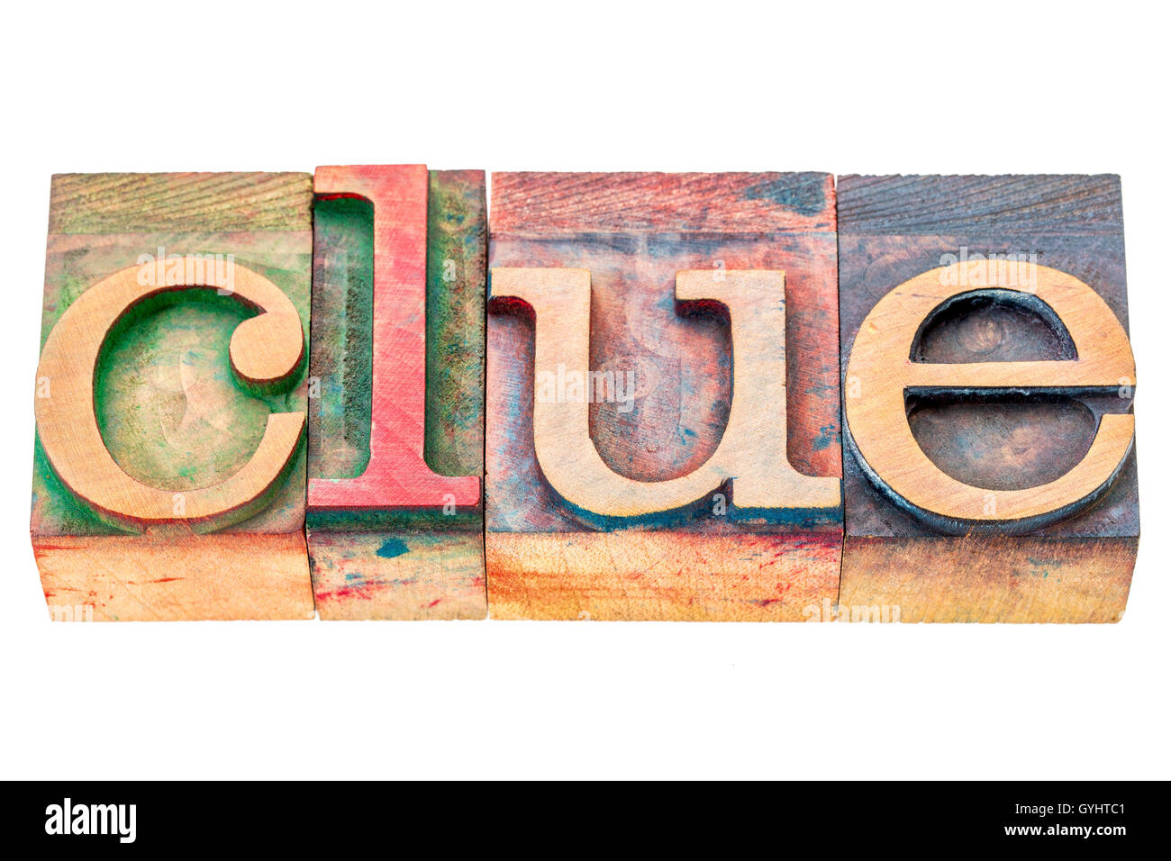 Clue - isolierte Wort abstrakt im Buchdruck Holzart Druckstöcke von Farbe Farben gebeizt Stockfoto