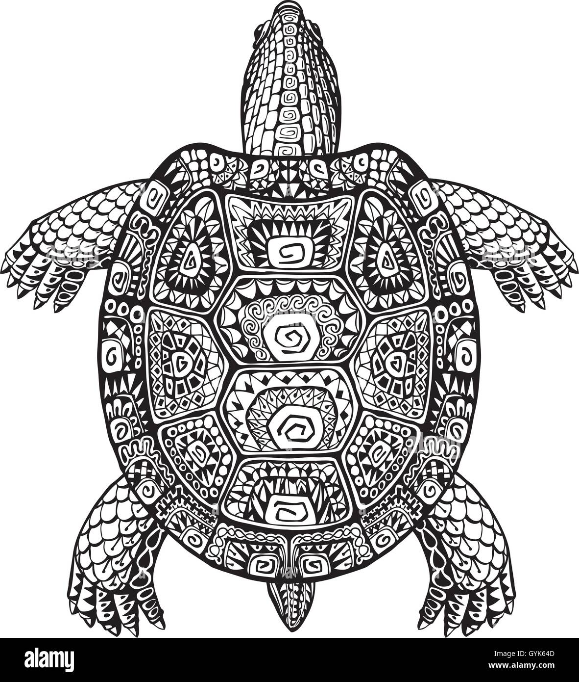 Schildkröte ethnischen Grafikstil mit dekorativen Mustern. Vektor-illustration Stock Vektor