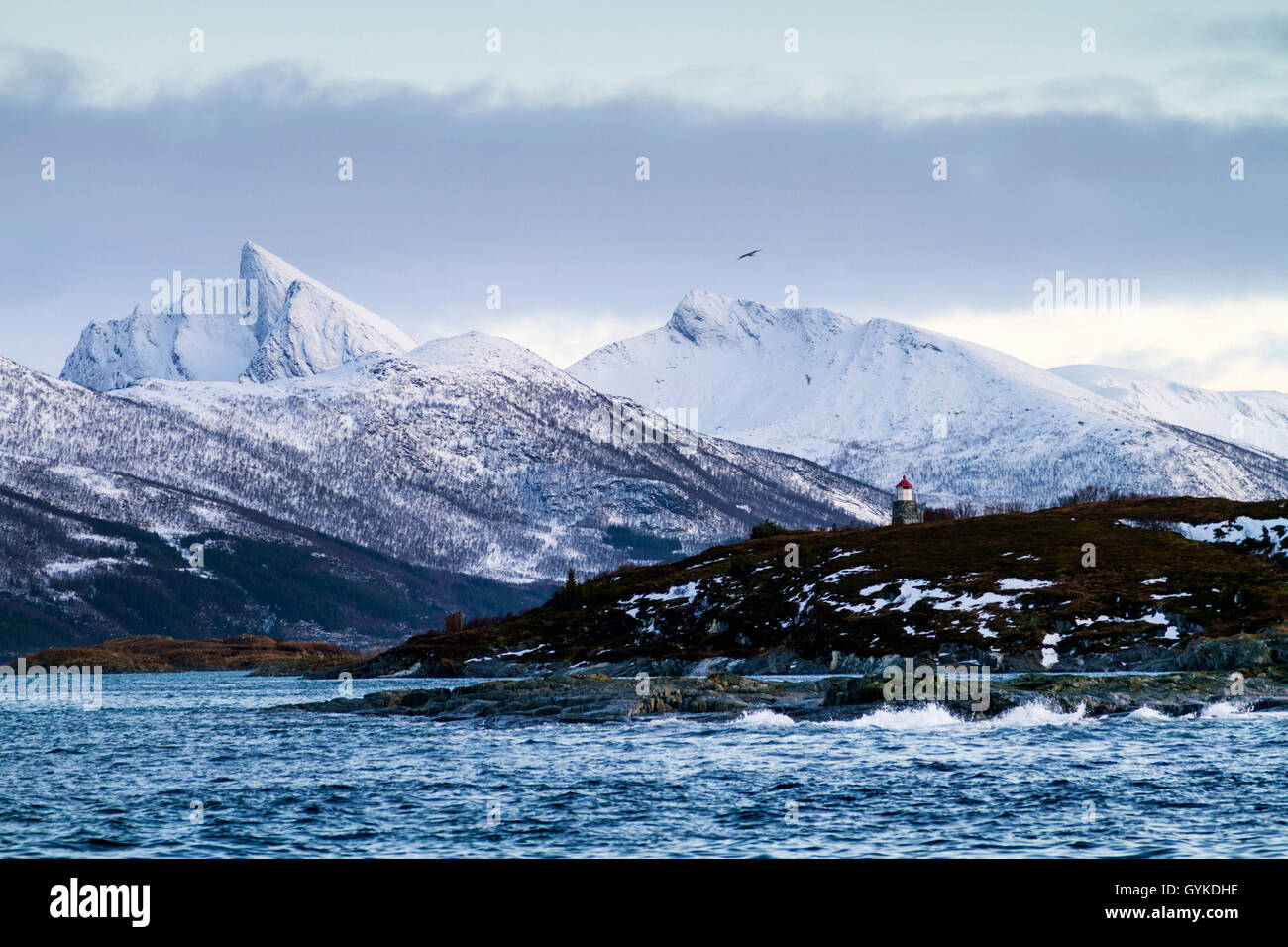 Kleiner Leuchtturm am Fjord, Norwegen, Troms, Bergsfjorden auf Senja Stockfoto