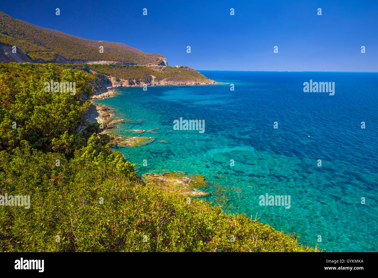Atemberaubende Küste Aussicht in der Nähe von Licciola, Korsika, Frankreich, Europa. Stockfoto