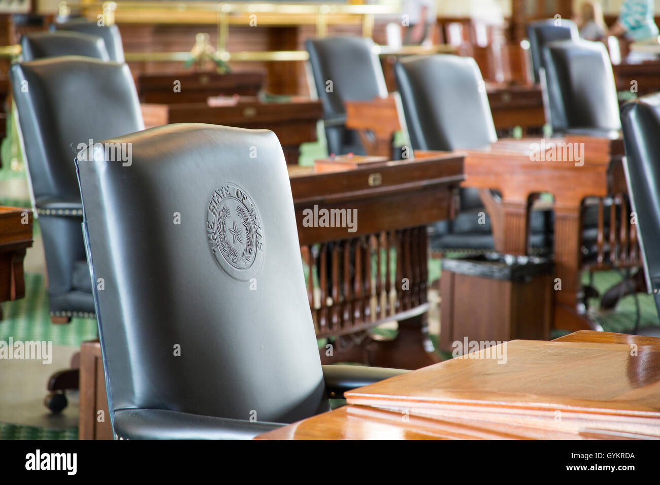 Das staatliche Siegel von Texas auf Stühlen in der Hauptstadt Staatsgebäude, Austin, Texas Stockfoto