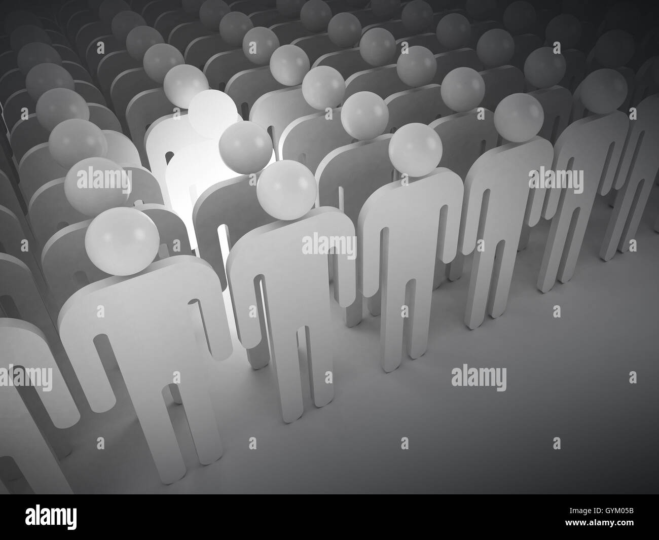 Kreativität-Metapher-Konzept. Weiße Lghting Mann in schematischen Menschenmenge, 3d illustration Stockfoto