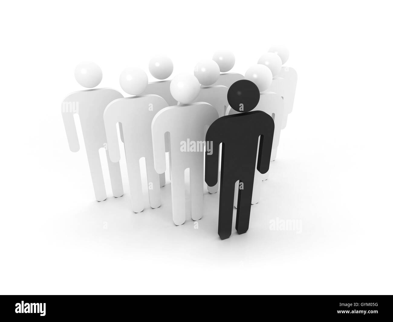 Gruppe von schematischen Menschen mit schwarzen Füllzeichen auf weißem Hintergrund. 3D Illustration Konzept Stockfoto