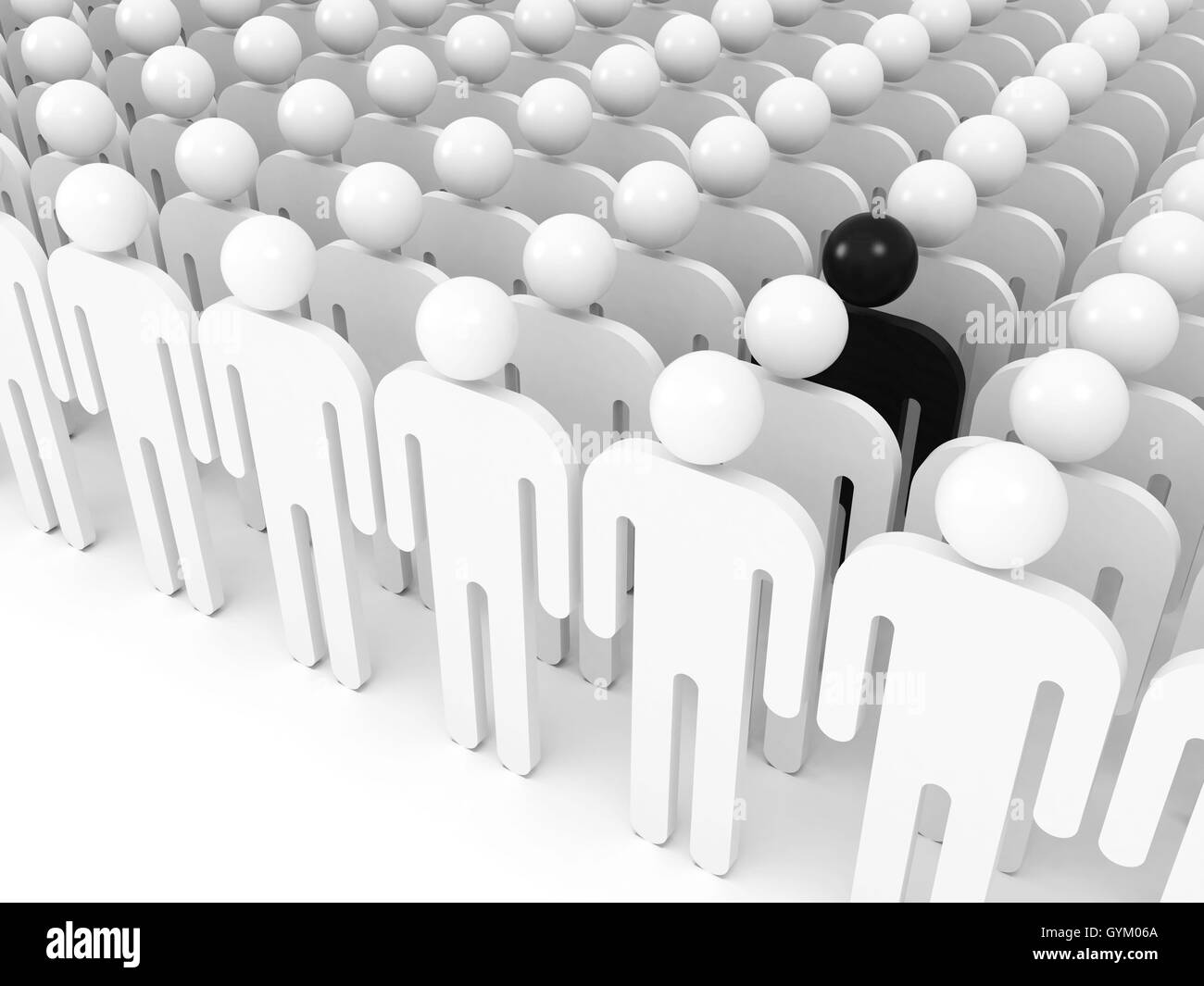 Unterschied-Konzept. Ein schwarzer schematische Mann in weißen Menschenmenge, digitale 3d illustration Stockfoto