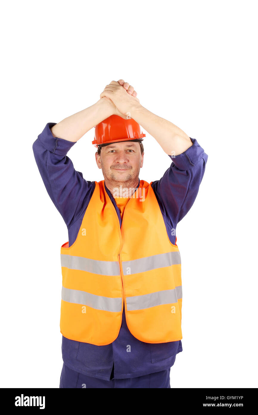 Arbeiter hob die Hände über dem Kopf Stockfoto