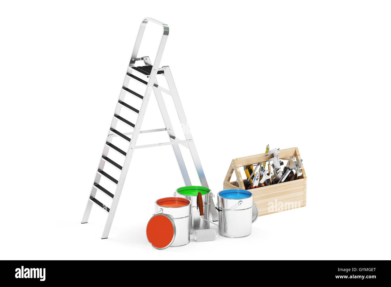 Leiter, Lacke, Werkzeuge, Reparatur-Konzept. 3D-Rendering isoliert auf weißem Hintergrund Stockfoto