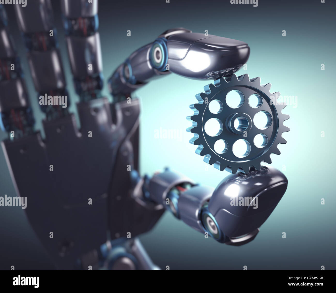 3D Illustration. Roboter-Hand hält einen Gang. Konzept der Maschinenbau und Automatisierung. Stockfoto