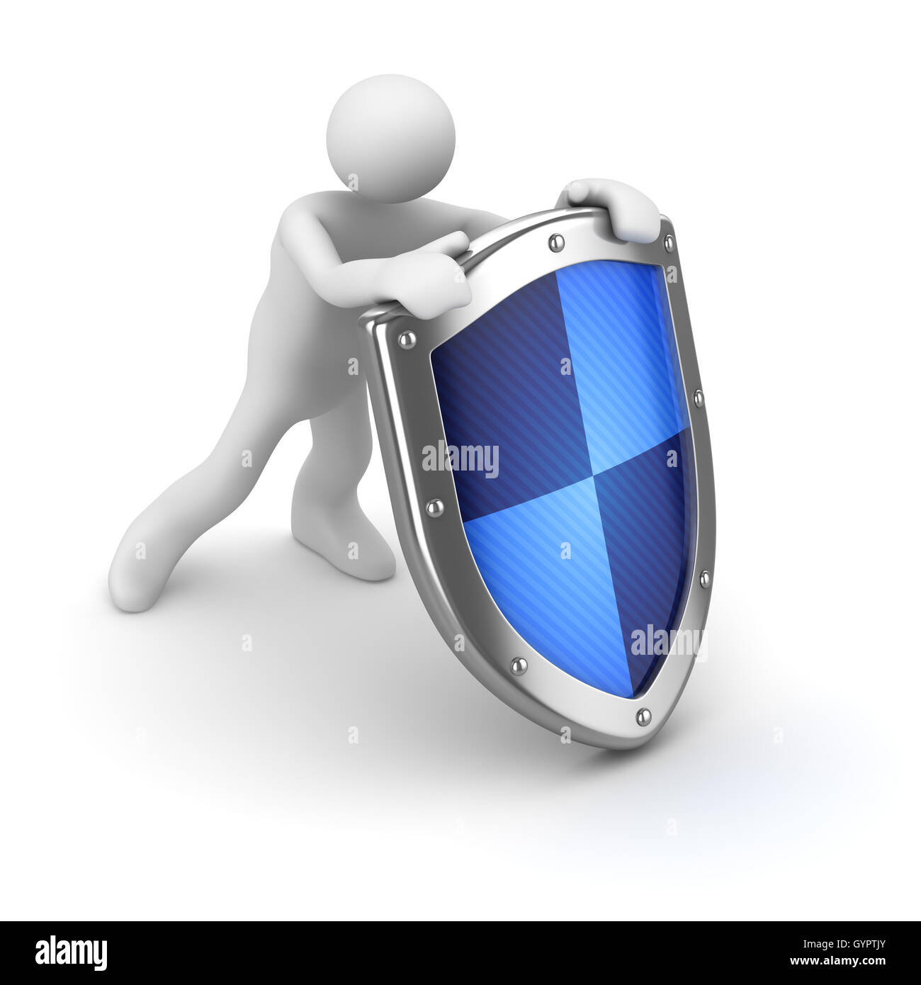 3D Mann mit blauen Schild ist ein 3D-Bild Computer generiert. Isoliert auf weiss. Stockfoto