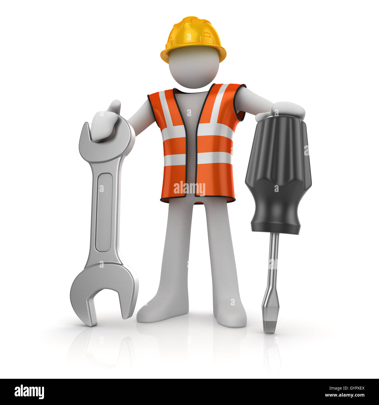 3D Mann mit einem Schraubenzieher und einem Schraubenschlüssel, dies ist ein 3d Computer generierte Bild. Isoliert auf weiss. Stockfoto