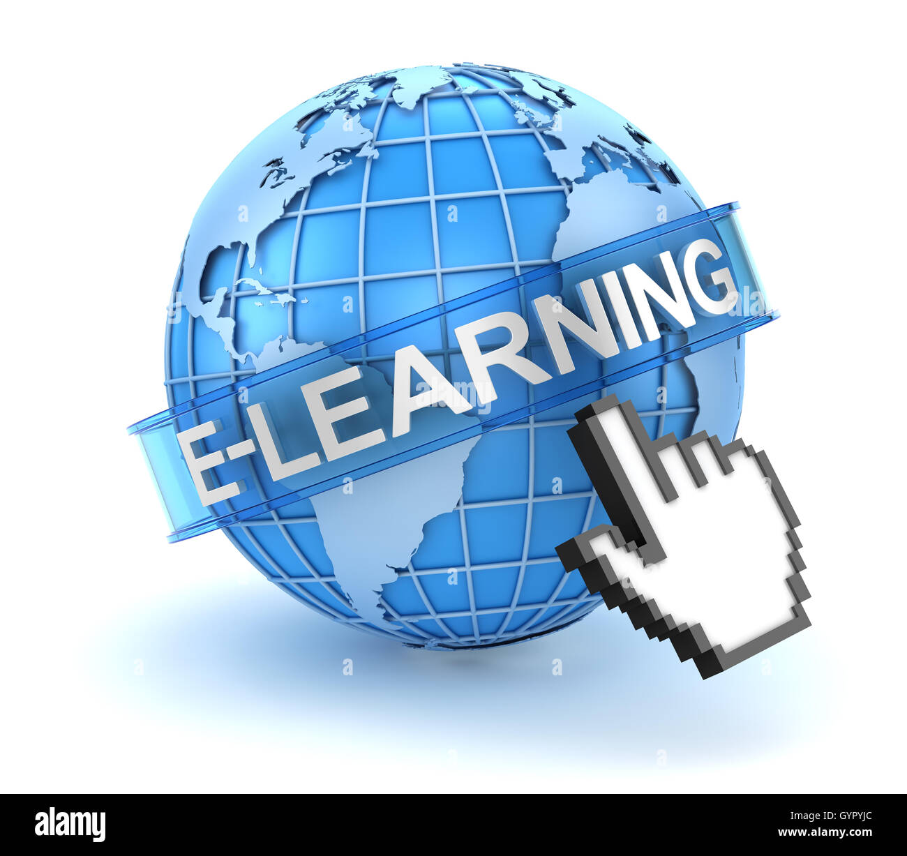 E-Learning-Konzepts mit Welt und Hand-Cursor, dies ist ein 3d Computer generierte Bild. Isoliert auf weiss. Stockfoto