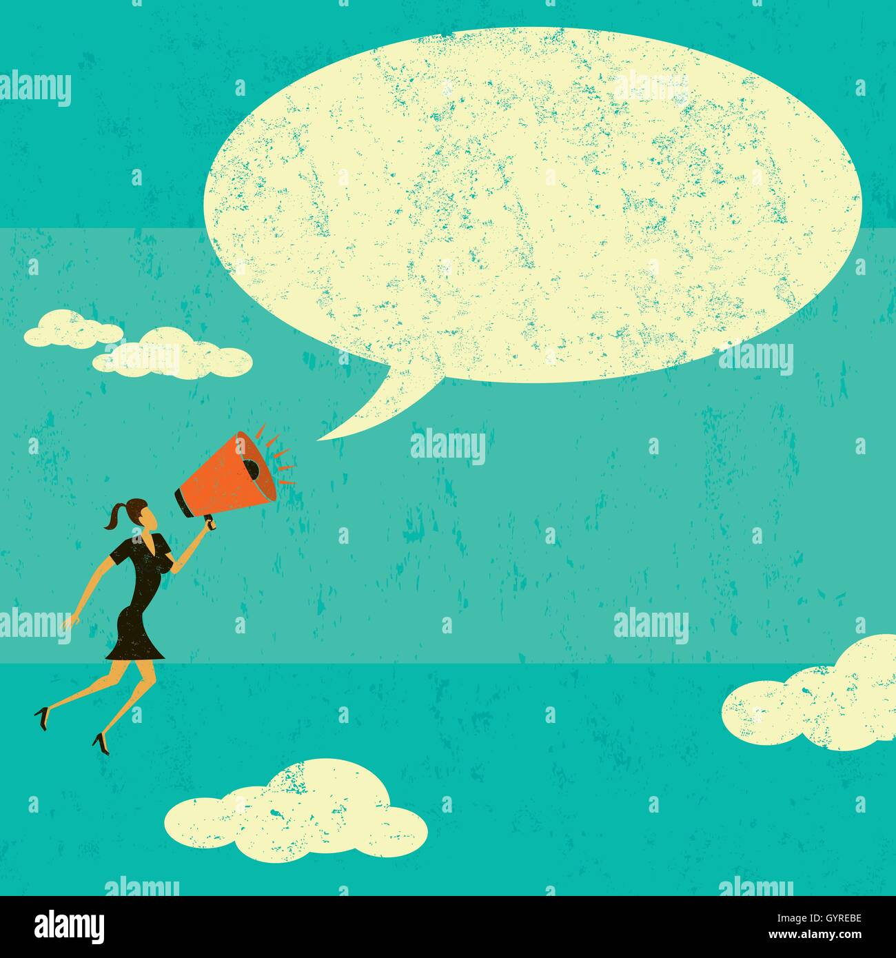 Kommunikation mit Ankündigung einer Nachricht in einer Sprechblase mit einem Megaphon Megafon A Geschäftsfrau. Stock Vektor