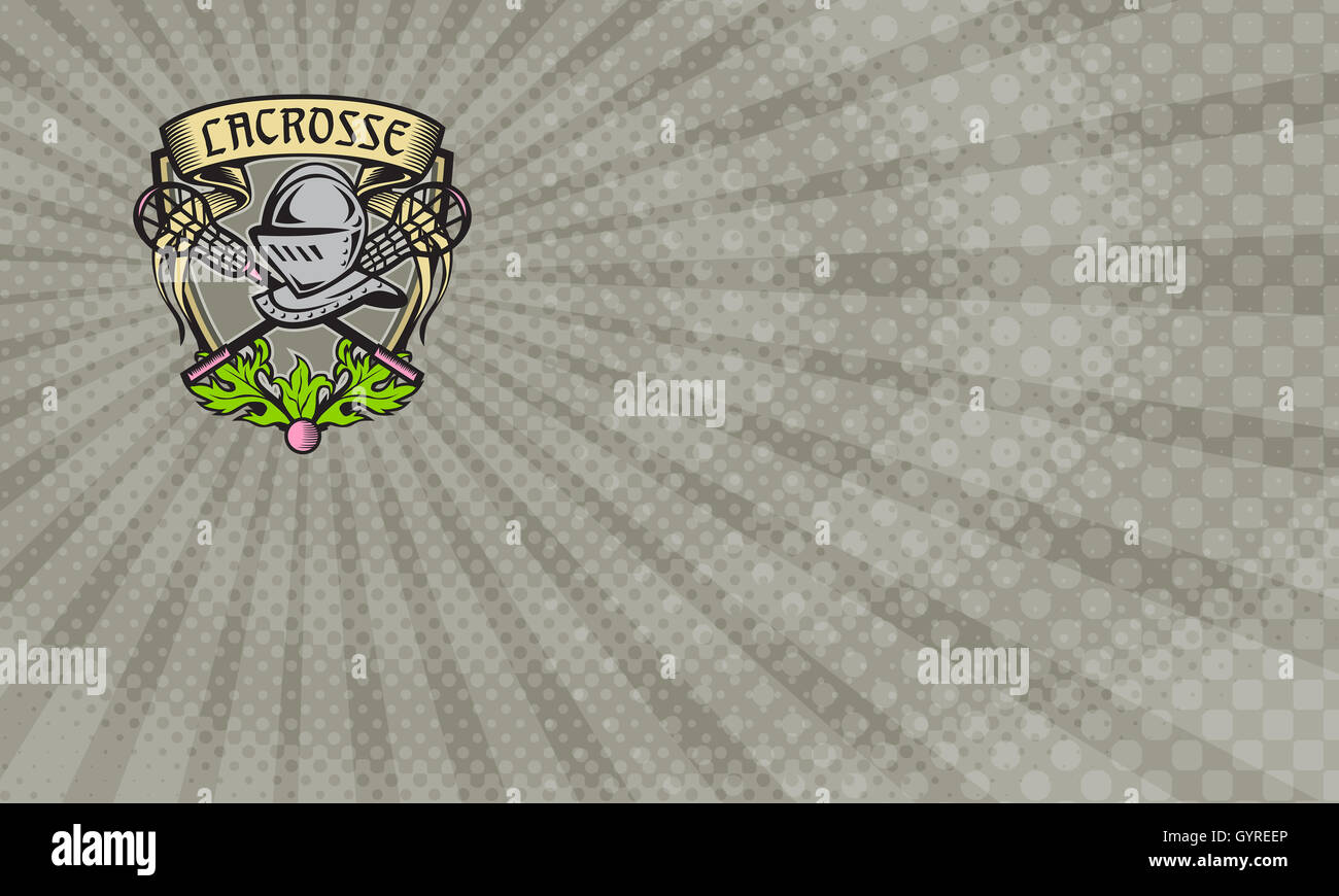 Visitenkarte zeigt Abbildung von einem Ritter Rüstung Helm mit gekreuzten Lacrosse Stick set innen Schild Wappen mit Word-Text Lacrosse an der Spitze im Retro-Holzschnitt-Stil gemacht. Stockfoto