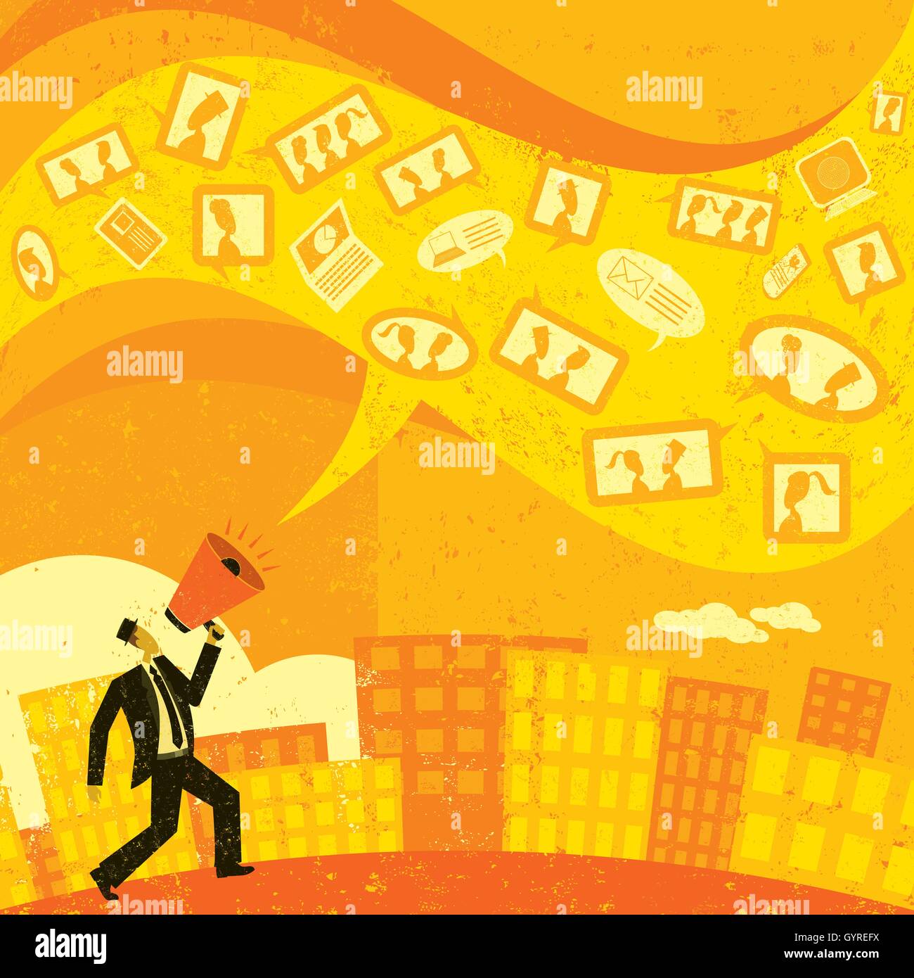 Kommunikation mit Social Media einen Geschäftsmann in einem Megaphon schreien und seine Botschaft mit social Media zu vermitteln. Stock Vektor