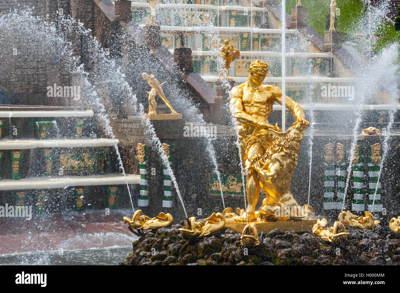 Goldener Brunnen von Samson in Peterhof bei Sankt Petersburg Stockfoto