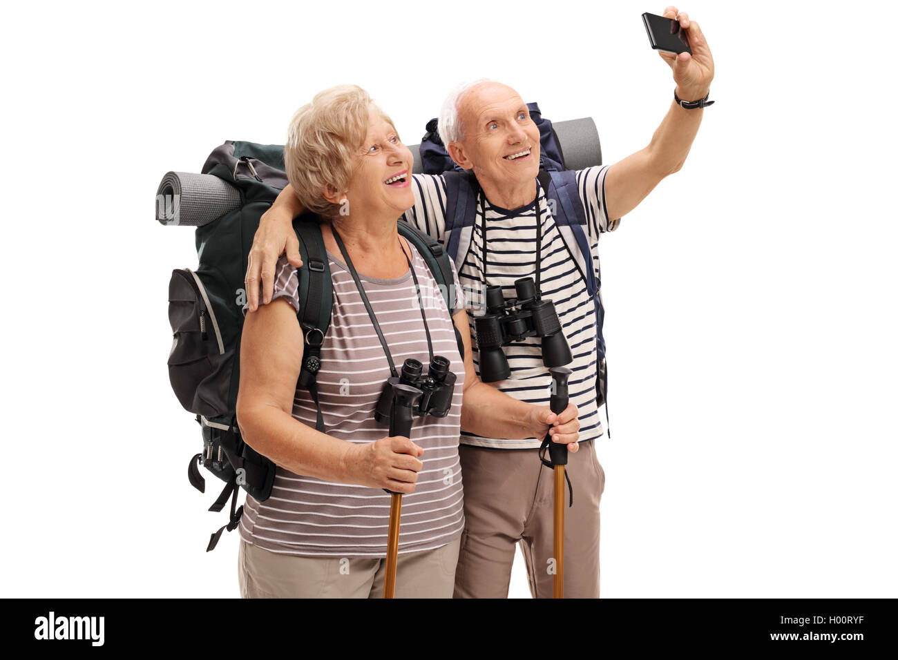 Reife Wanderer nehmen eine Selfie isoliert auf weißem Hintergrund Stockfoto