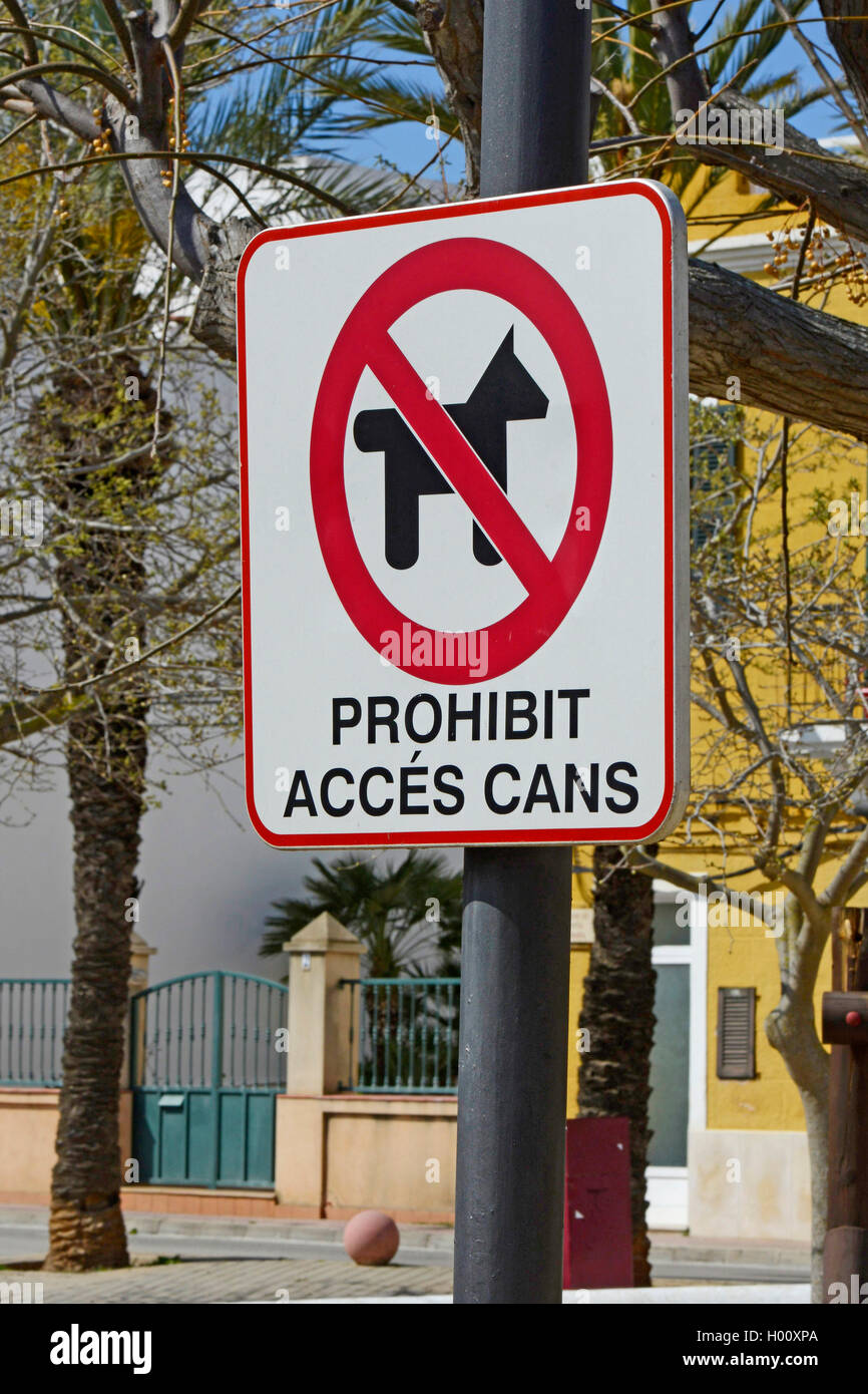 Verbotsschild, kein Zutritt für Hunde an einem Park auf Menorca, Spanien, Balearen, Menorca, Ciutadella de Menorca Stockfoto