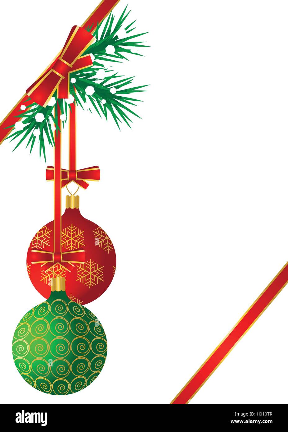 Rote und grüne Kugeln verziert mit goldenen Mustern an den Weihnachtsbaum hängen Stock Vektor