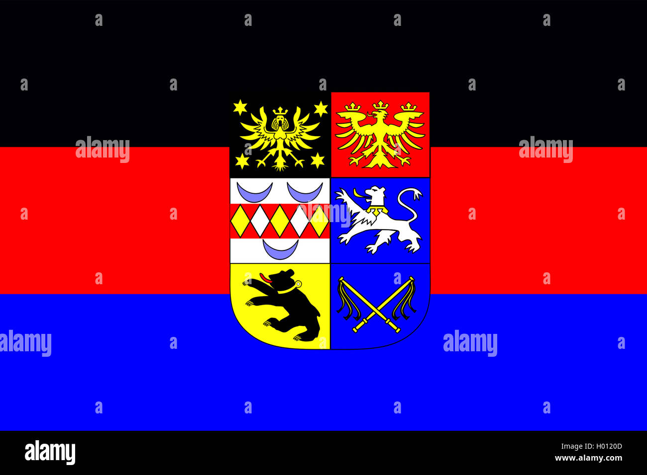 Flagge Ostfriesland mit Wappen, Deutschland, Niedersachsen, Ostfriesland Stockfoto