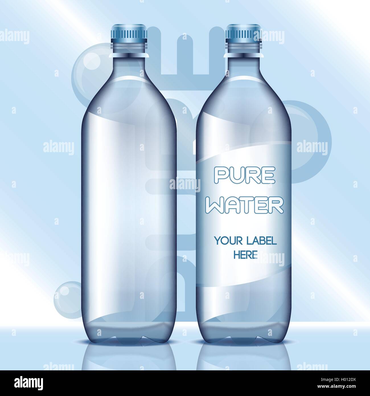 Vektor-set transparent blaue Flüssigkeit Plastikflasche mit Kappen für Mineralwasser-Mock-up bereit für Ihr design Stock Vektor