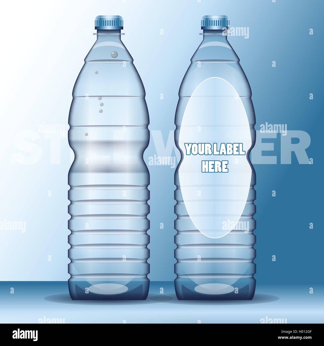 Vektor-set transparent blaue Flüssigkeit Plastikflasche mit Kappen für Mineralwasser-Mock-up bereit für Ihr design Stock Vektor