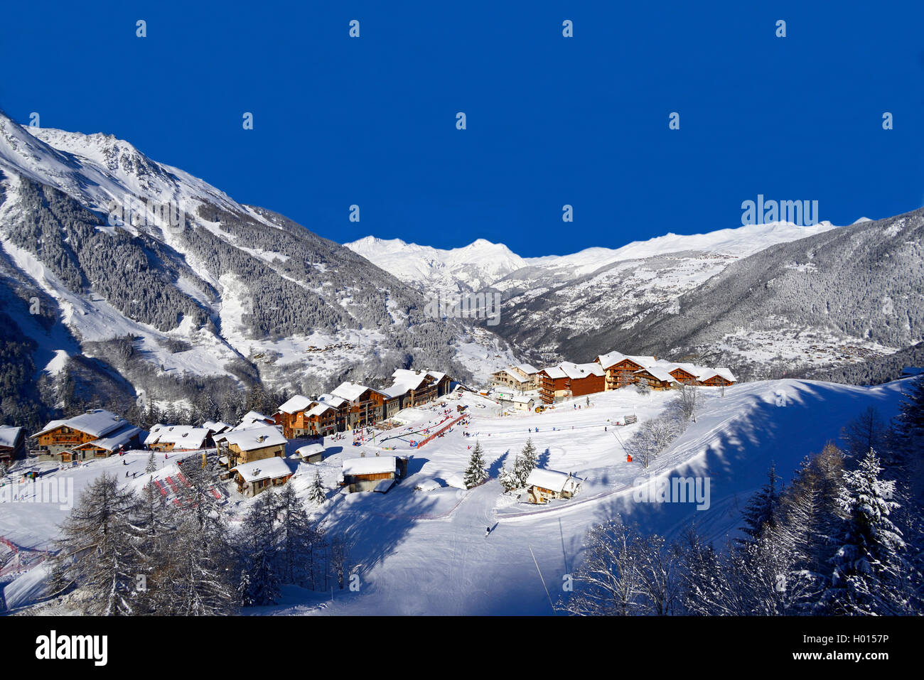 Skigebiet Sainte Foy Tarentaise, Frankreich, Savoyen, Sainte-Foy-Tarentaise Stockfoto