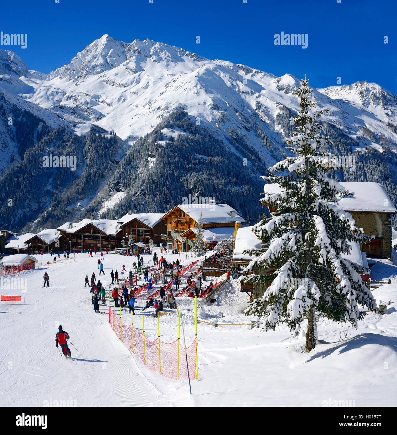 Skigebiet Sainte Foy Tarentaise, Frankreich, Savoyen, Sainte-Foy-Tarentaise Stockfoto