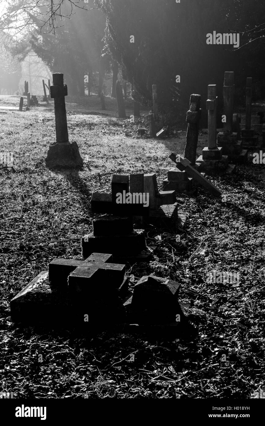 Friedhof Grabsteine am frühen Morgen Stockfoto