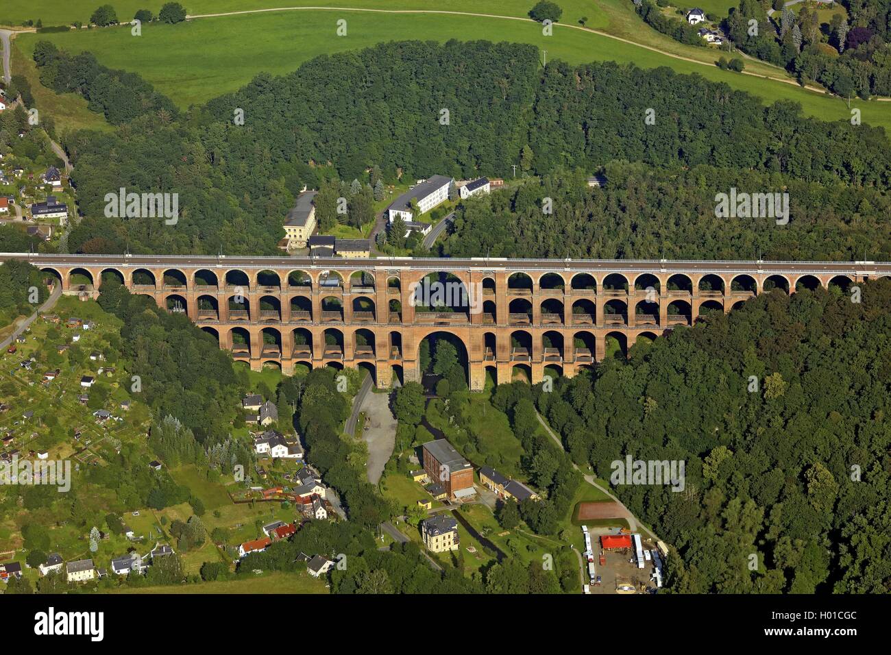 Goeltzsch Viadukt, der größten aus Backstein Brücke der Welt, Luftaufnahme, Deutschland, Sachsen, Vogtland Stockfoto