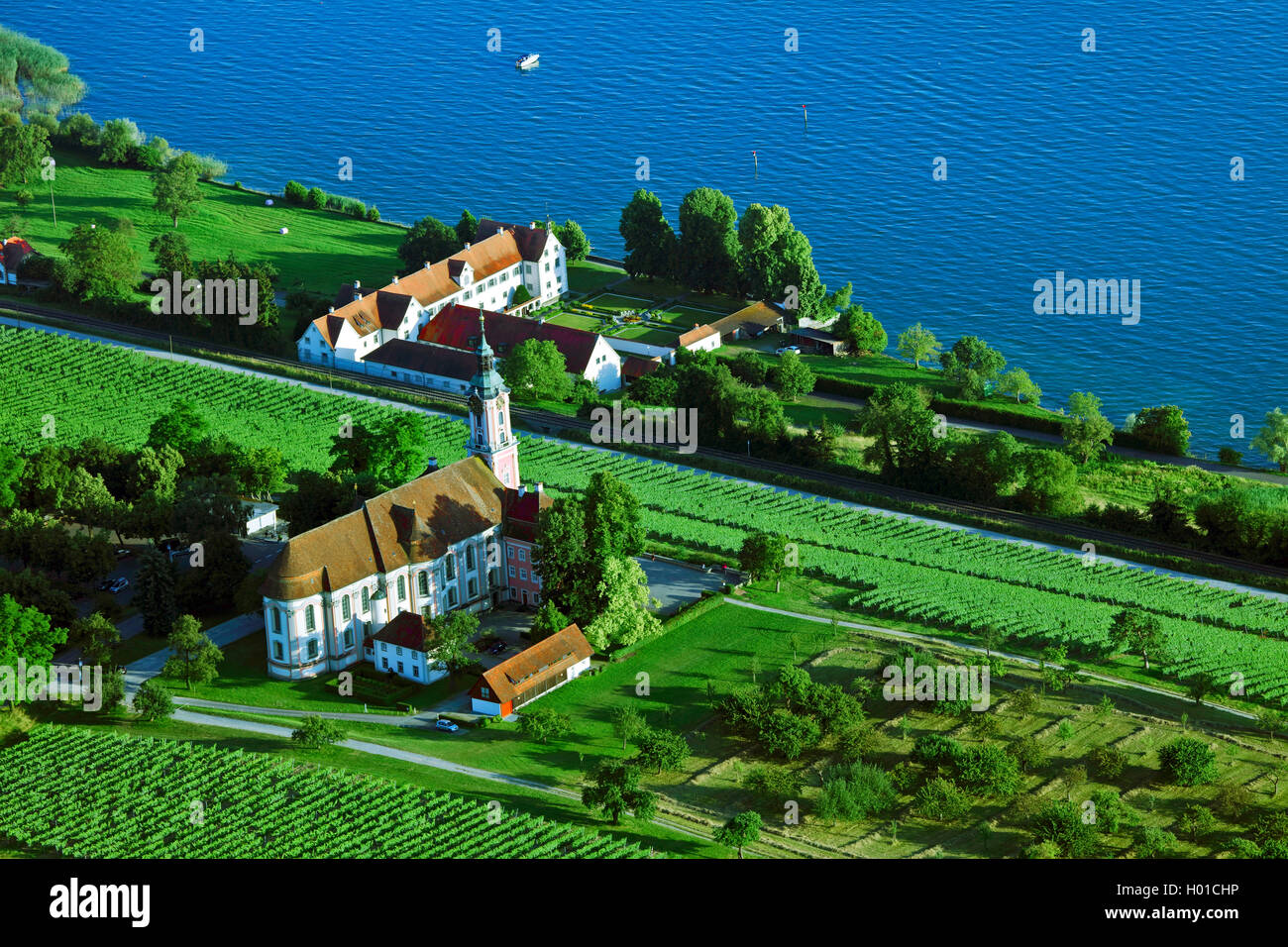 Wallfahrtskirche Birnau und Schloss Maurach am Bodensee, 20.07.2016, Luftaufnahme, Deutschland, Baden-Wuerttemberg, Nußdorf Stockfoto