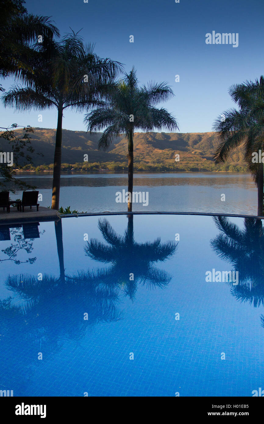 Palmen spiegeln sich am Pool Stockfoto