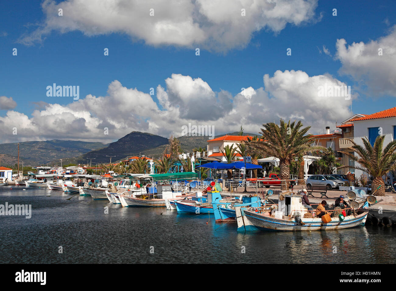Fischerboote im Hafen von Skala Kallonis, Griechenland, Lesbos Stockfoto