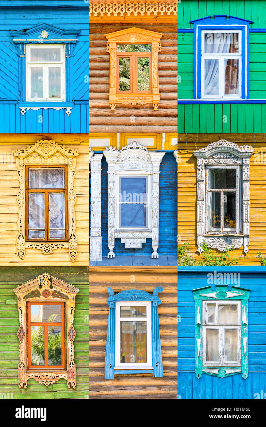 Russische Holzfenster Collage, Goldener Ring, Moskau Stockfoto