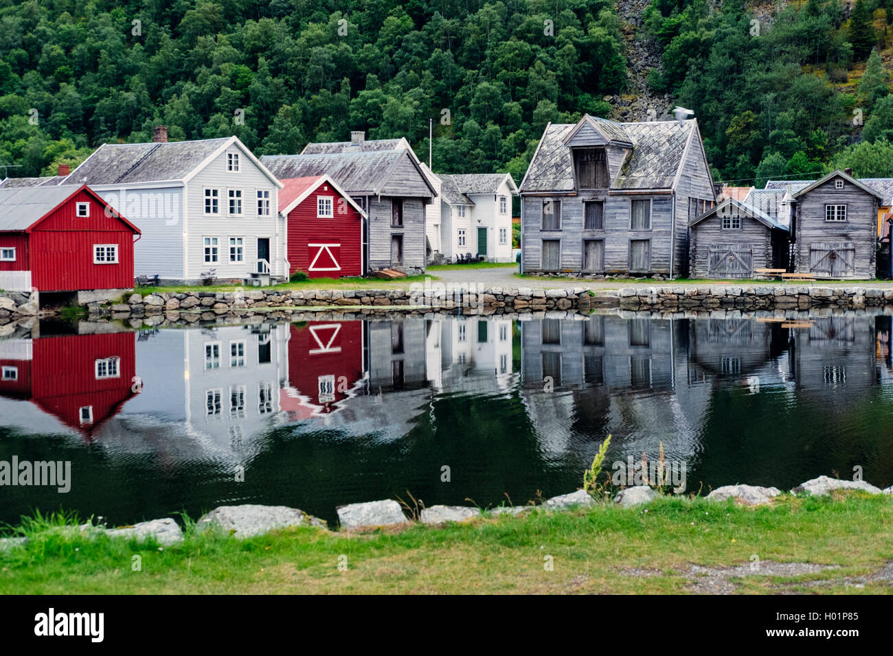 Traditionelle norwegische Architektur in Laerdal Lærdal, Sogn Og Fjordane Grafschaft, Norwegen Stockfoto