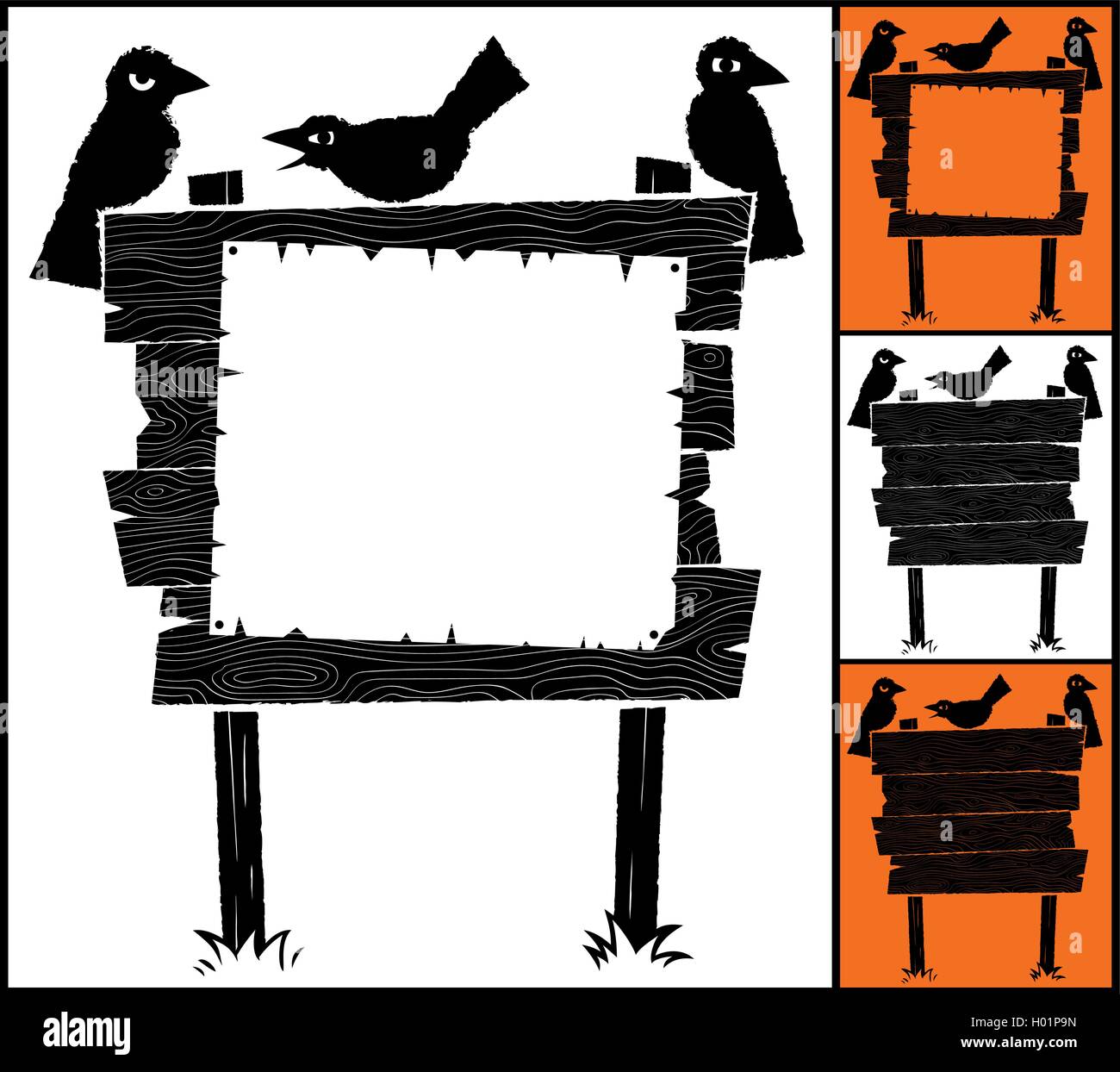 Cartoon Holzschild mit Krähen und Exemplar. Stock Vektor