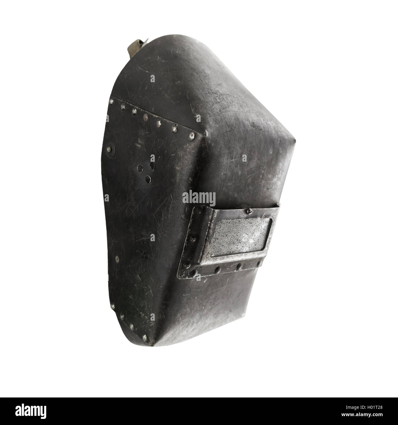 Alte schwarze verwendet Schweißen Schutzmaske isoliert auf weißem Hintergrund Stockfoto