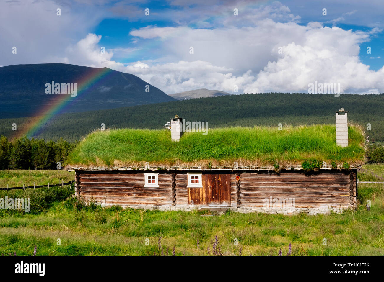 Typische norwegische Holzhaus auf dem Lande, Oppland, Norwegen Stockfoto