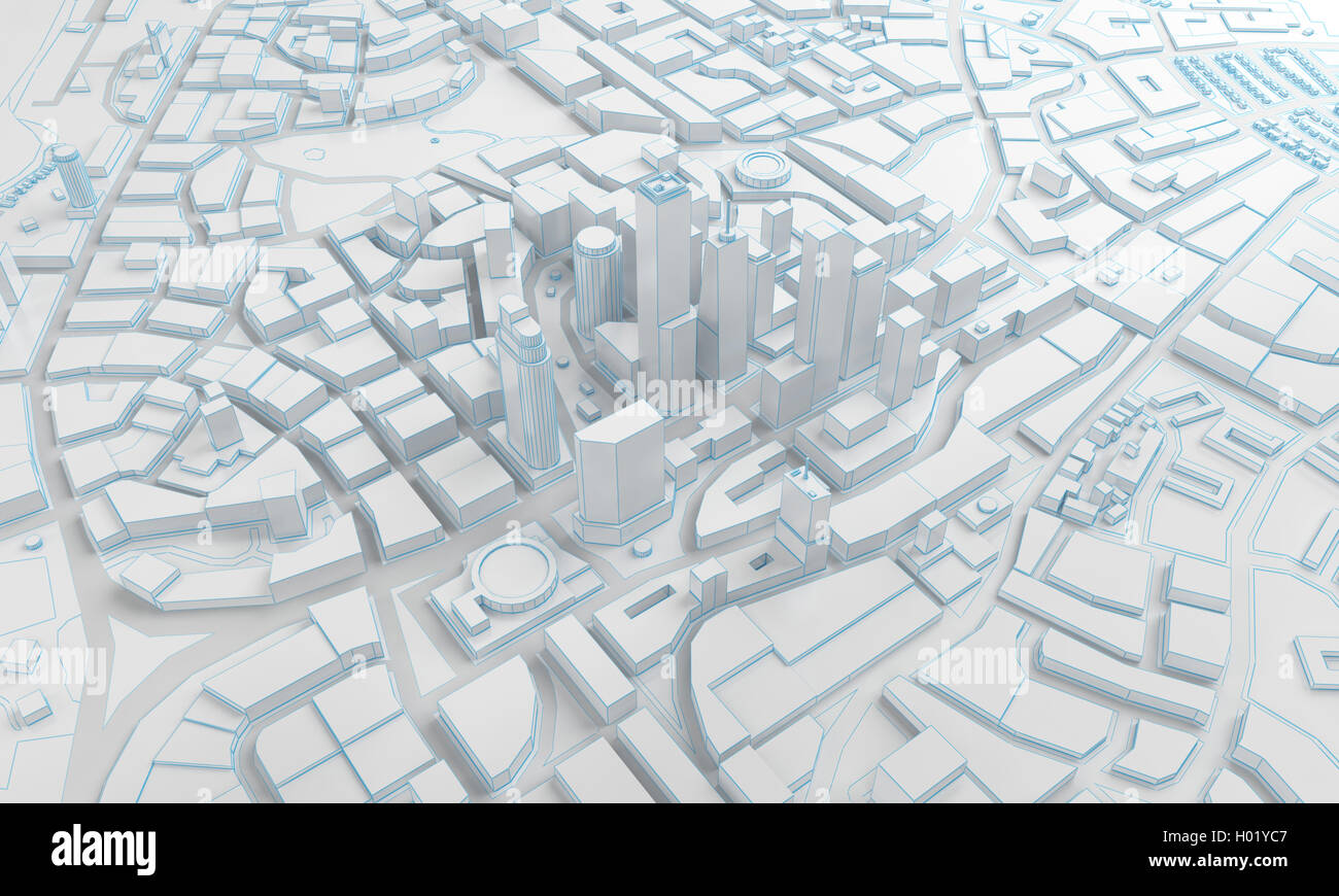 Weißen low-Poly Blick auf die Stadt von oben. 3D-Rendering Stockfoto
