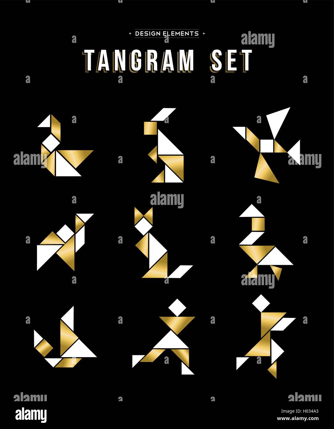 Goldfarbe umfasst Tangram Spielsymbole gemacht mit Geometrie Formen Tiere und Menschen. EPS10 Vektor. Stock Vektor