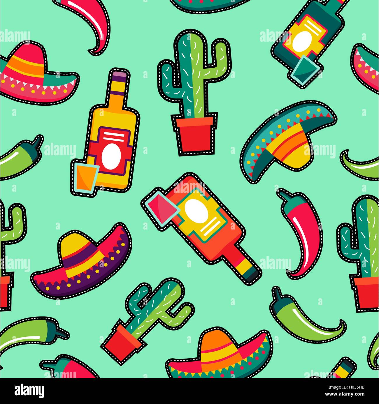 Mexikanisches Essen Musterdesign mit traditionellen Kultur-Ikonen in Stickerei Patches Stil, Tequila trinken, Sombrero und Peperoni Stock Vektor