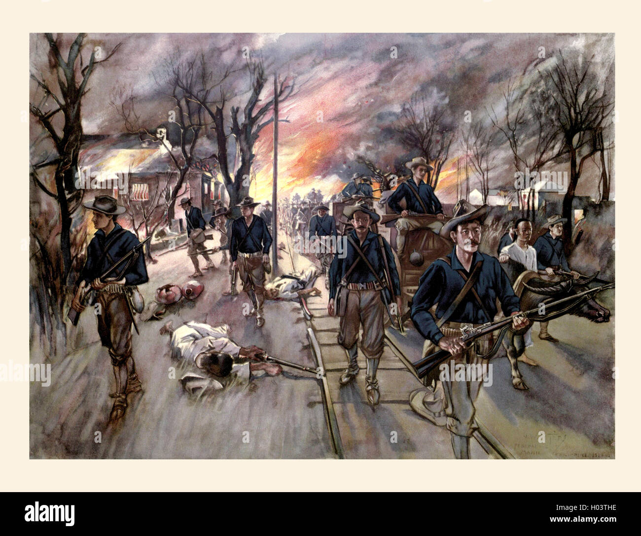 Die Munition zu trainieren und Reserven von der 20. Kansas Freiwilligen marschieren durch Caloocan in der Nacht nach der Schlacht von 10. Februar 1899 in den frühen Stadien des Philippinisch-Amerikanischen Krieges.  Nach der Zeichnung von g.w. Peters. Stockfoto