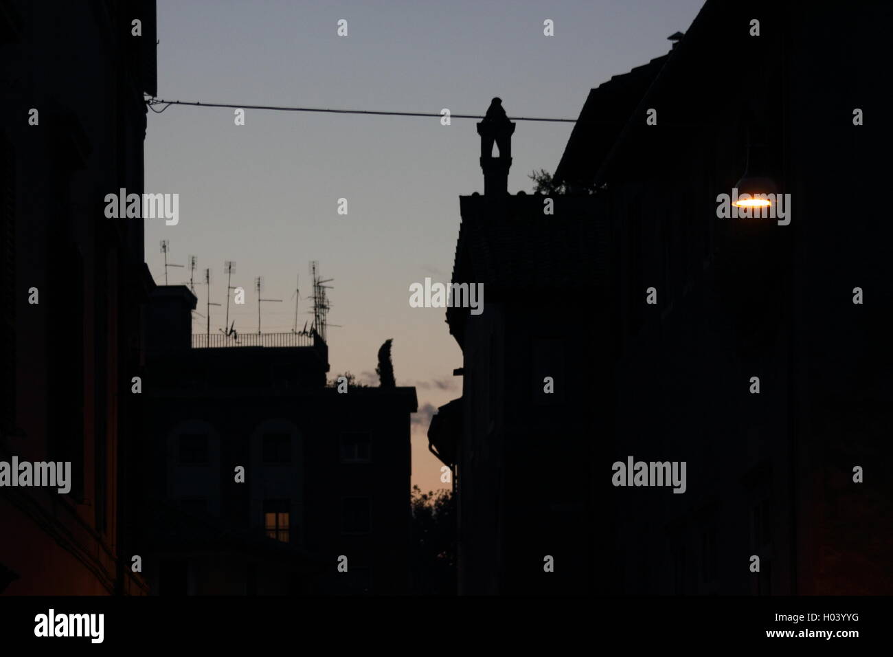 Schöne Laternen und Silhouette Gebäude in der Dämmerung, Rom, Italien, Reisen Stockfoto