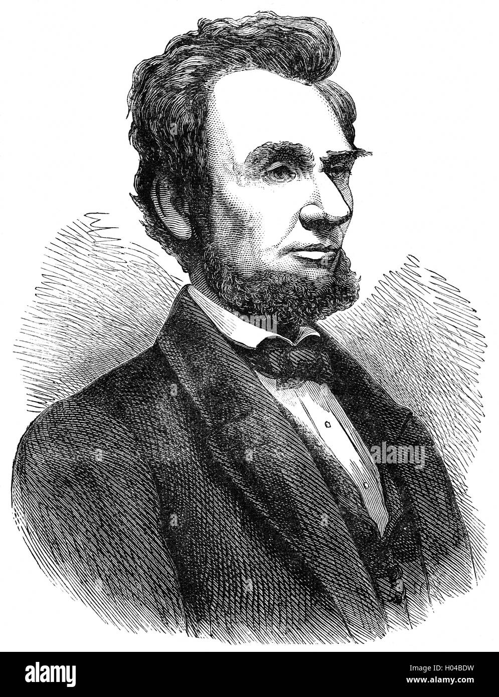 Abraham Lincoln (1809 – 1865), US-amerikanischer Politiker und Jurist, der bis zu seiner Ermordung im April 1865 als 16. Präsident der Vereinigten Staaten vom März 1861 diente.  Führte er die Vereinigten Staaten durch die konstitutionelle und politische Krise des Bürgerkriegs, die Union erhalten die Sklaverei abgeschafft, verstärkt die Bundesregierung und modernisiert die Wirtschaft. Stockfoto